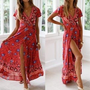 Zesica Large Bohemian Floral Red Wrap Dress